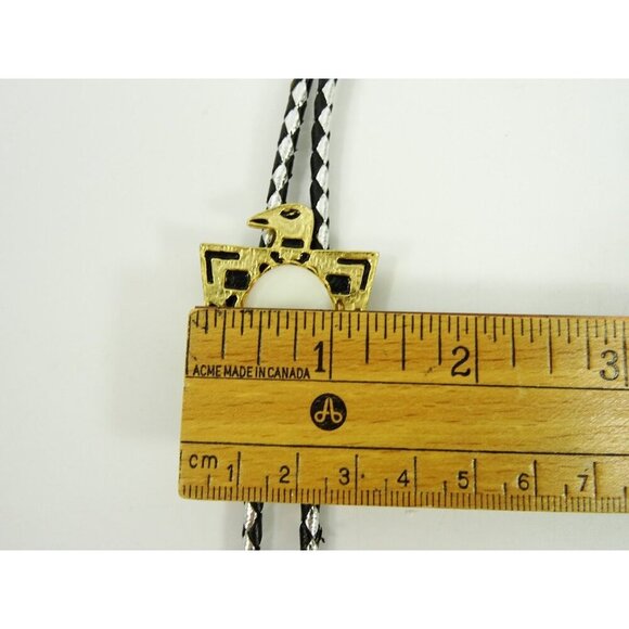 Thunderbird Bolo Tie String Necktie Golden Tips Braided Silver and Black Cord - Picture 6 of 6